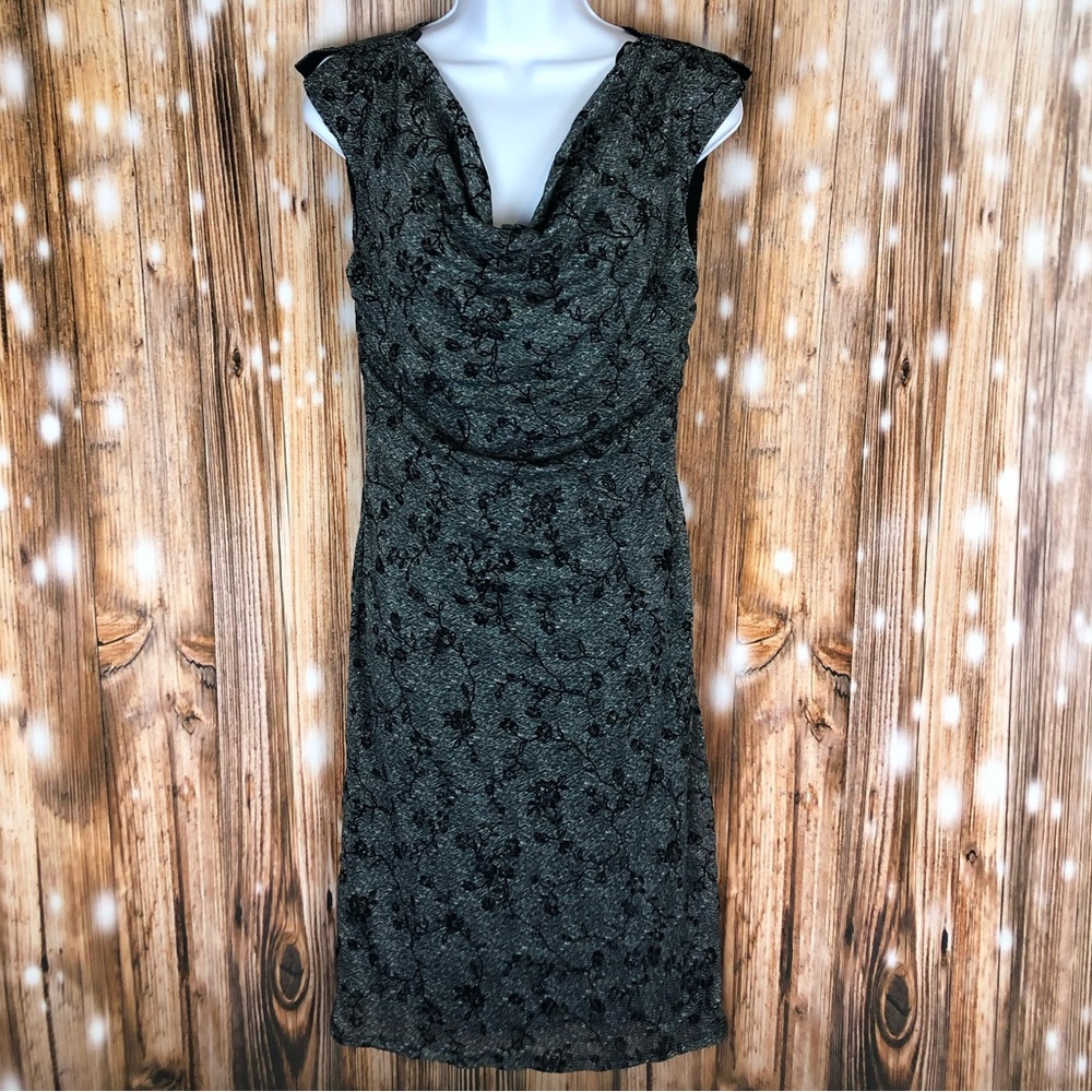 Byer Too! Black and Gray Floral Sheer Drop Neck Sleeveless/Cap Sleeved Dress